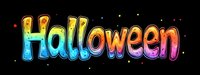 Colorful rainbow gradient Halloween text with glowing neon effect on black background, decorated with sparkles and stars. Isolated design element for seasonal use.
