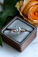 Heart-shaped diamond engagement ring in velvet box with peach rose, showcasing delicate band details and brilliant cut stone on marble surface.
