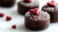 Dark chocolate mini cakes decorated with red heart-shaped candies and white sugar pearls on white background, selective focus creates romantic dessert mood.