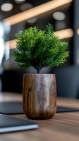 Small green plant in wooden pot on modern office desk with blurred background lights creating cozy workspace atmosphere for productivity and wellness.