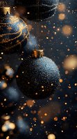 Elegant blue Christmas baubles with golden glitter sparkles against dark background, surrounded by magical bokeh lights and festive holiday atmosphere.