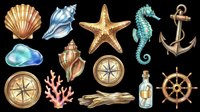 Nautical sea life clipart set with shells, starfish, seahorse, anchor, compass, coral, driftwood, bottle, and ship wheel, isolated on transparent background, ready for stickers, T-shirts, and print on demand.