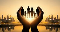 Protective hands holding family silhouettes against golden sunset cityscape. Concept of care, security, insurance and community support for loved ones.