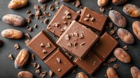Broken milk chocolate bar pieces with cocoa beans and crushed chocolate chunks scattered on dark background, top view composition for confectionery advertising.