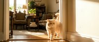 Fluffy orange tabby cat standing in sunny doorway of cozy living room with wooden floors, plants and vintage furniture creating warm domestic atmosphere.