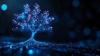 Glowing magical tree with sparkling blue and purple lights against dark background, digital art style composition showing mystical nature concept.