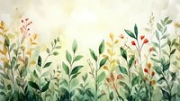 Delicate watercolor floral border with green leaves, red berries and yellow foliage on soft beige background, botanical garden illustration for nature designs.
