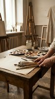 Artist hands arranging paintbrushes on wooden table in sunlit studio workspace with easel, palette and art supplies for creative painting session.
