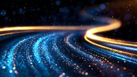 Glowing curved light trails with blue sparkles and golden streaks against dark background create dynamic motion effect in night sky setting.
