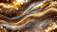 Luxurious golden wave with sparkling glitter particles and bokeh lights on dark background creates elegant flowing abstract design for festive backgrounds.