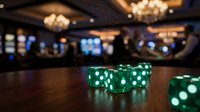 Green dice on gaming table with blurred casino background, suitable for gambling, entertainment, and gaming industry marketing materials.