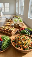 Healthy Mediterranean feast spread on wooden table with quinoa salad, grilled salmon, fresh vegetables, herbs and whole grain bread in bright kitchen.