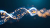 Glowing DNA strand with sparkles and bokeh effects on dark blue background, abstract science and technology concept visualization for medical research.