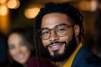 Young African American man with dreadlocks and glasses smiling warmly at camera, wearing business attire against blurred bokeh background in evening setting.