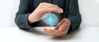 Hands protecting glowing blue brain symbol representing mental health care, psychology, neurology, cognitive protection, and mind wellness concepts for healthcare.