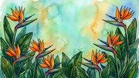 Watercolor tropical border with vibrant bird of paradise flowers and lush green leaves on a soft teal and yellow background.