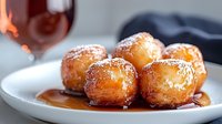 Deep fried dough balls dusted with powdered sugar and drizzled with sweet caramel sauce on white ceramic plate, close-up view of homemade dessert.