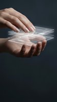 Hands holding transparent digital layers with glowing interface elements, representing technology, data management, and innovation for business applications.