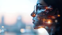 Female silhouette profile with digital city overlay, representing artificial intelligence and future technology concept for business innovation.