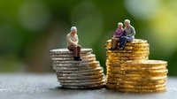 Miniature elderly people sitting on stacks of coins representing retirement planning, pension savings, and financial security for senior citizens.