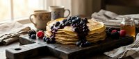 Stack of golden pancakes topped with fresh blueberries and raspberries on rustic wooden board with honey jar and coffee mug in cozy kitchen setting.