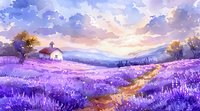 Dreamy purple lavender field with small chapel at sunset, winding path through blooming flowers, mountains in background, soft watercolor style landscape.