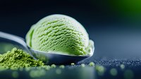 Creamy matcha green tea ice cream scoop on metal spoon with powdered Japanese green tea scattered on dark surface, soft focus background with bokeh effect.