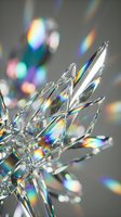 Clear crystal structure with sharp pointed edges refracting rainbow light prisms and colorful bokeh on neutral background, suitable for abstract and luxury design projects.