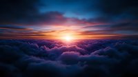 Dramatic sunset above fluffy clouds with vibrant orange and pink sky. Dark storm clouds create contrast against glowing sun breaking through dense cloudscape. Aerial view.