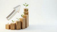 Wooden blocks forming growth chart with green plants sprouting from top, upward arrow showing business progress and sustainable development concept.