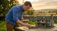 Young Caucasian male architect or designer examining miniature house model outdoors at sunset, planning residential development or renovation project in rural landscape setting.