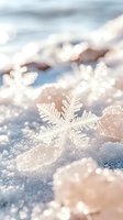 Delicate snowflake crystal with intricate patterns resting on fresh snow surface in soft morning light, creating magical winter atmosphere with bokeh effect.
