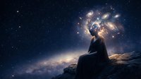 Woman meditating under starry night sky with glowing cosmic energy above her head creating mystical spiritual atmosphere for wellness and mindfulness concepts.