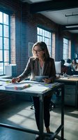 Professional businesswoman using tablet at standing desk in modern brick loft office with large windows and industrial design elements.