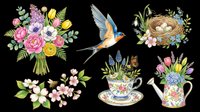 Colorful floral bouquets, flying bird, and nest with flowers isolated on transparent background. Ready for t-shirts, stickers, clipart, sublimation, and print-on-demand designs.