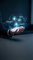 Businessman hand holding holographic icons showing trust, reliability and stability concepts for corporate security and business values presentation.
