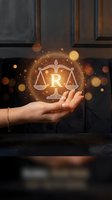 Hand holding glowing scales of justice symbol with golden light particles, representing law, legal services, and attorney expertise for business and corporate applications.