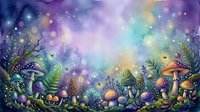 Enchanted forest floor with glowing mushrooms, magical plants, and sparkling bokeh lights in purple, blue, and golden tones. Fantasy woodland scene.
