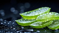 Fresh aloe vera leaves with water drops on dark background, natural skincare ingredient for cosmetics and healing properties in spa treatments.