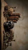 Vintage still life with ornate skull, dried flowers, antique books and brass candlesticks on rustic wooden table creating atmospheric gothic mood.