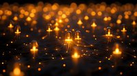 Glowing network connections with illuminated nodes creating magical light effect against dark background. Connected dots form abstract technology visualization.