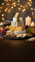 Festive cheese tower on slate board with grapes, crackers, and nuts, glowing candles and bokeh lights in background for holiday entertaining.