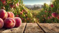 Fresh ripe peaches on rustic wooden table with blurred orchard background, perfect for food packaging, harvest themes, and farm-to-table concepts.