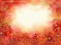 Festive red and gold background with ornamental Asian design elements, lanterns, and decorative patterns surrounding a bright central glow, suitable for holiday cards and celebration graphics.