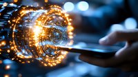 Glowing digital interface emerging from smartphone screen with magical light effects and circular HUD elements in dark environment with bokeh background.