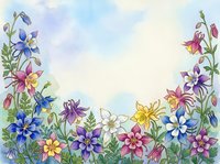 Watercolor floral frame with colorful columbine flowers in blue, purple, pink, and yellow on a soft sky background with copy space.