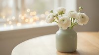 White ranunculus flowers in sage green ceramic vase on wooden table with soft bokeh lights creating warm romantic home decor atmosphere for interior design.