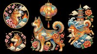 Festive dog illustrations with Asian-inspired decorative elements, isolated on transparent background. Ready for t-shirt design, clipart, stickers, sublimation, and print-on-demand products.