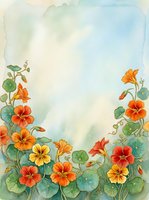 Watercolor nasturtium flowers border with orange and yellow blooms, green leaves, soft blue background, copy space for text or greeting cards.