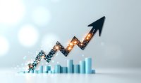 Growing financial chart with glowing arrow rising above blue city buildings, showing business growth and urban development on light background with bokeh effect.